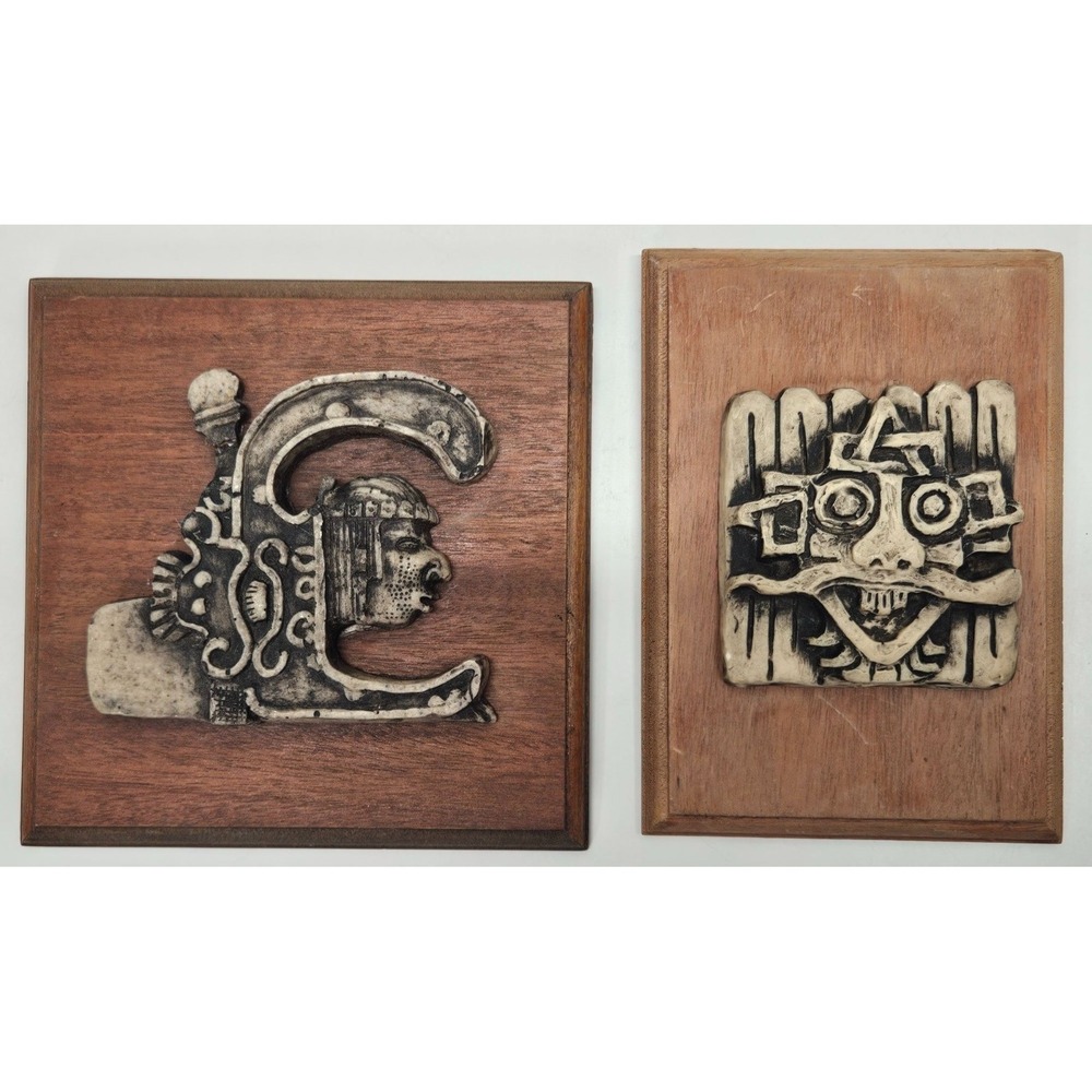 Pair Vintage Mayan Style Resin Wall Plaques on Wood – Hecho en Mexico